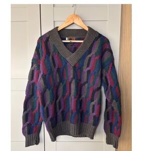 Boston Traders Vintage Wool V-Neck Sweater Mens Small Multi Color Cable Knit 90s
